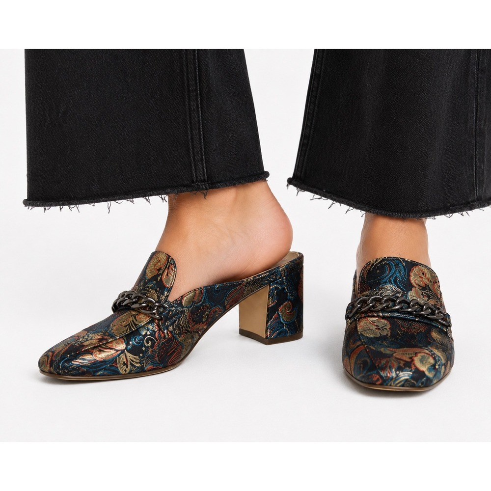 Enzo Angiolini Gilian Mules Women 6.5 Blue Floral Jacquard Chain Block Heel Mule